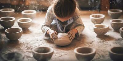 AI generated Generative AI, kid hands with clay making of a ceramic pot in the pottery workshop studio, hobby and leisure concept photo