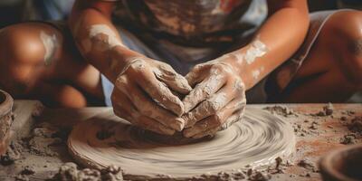 AI generated Generative AI, kid hands with clay making of a ceramic pot in the pottery workshop studio, hobby and leisure concept photo