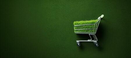 AI generated Generative AI, shopping cart on grass and moss background, environment concept, shopaholism, ecology concept. Sustainable lifestyle, conscious consumption photo