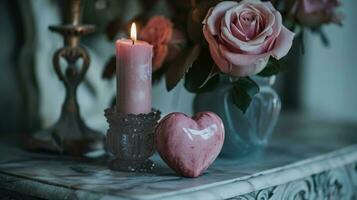 AI generated Generative AI, Valentine's Day home interior decoration close up, muted colors, holiday photorealistic aesthetic background photo