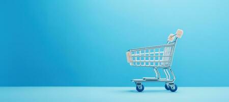 AI generated Generative AI, empty shopping cart on blue background, minimalistic shop online, free delivery, discounts and sale concept. photo