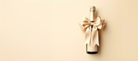 AI generated Generative AI, Beige champagne bottle mockup with bow on beige background photo