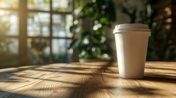 AI generated Generative AI, White paper cup on the table in the coffee shop interior, mug mock up blank. photo