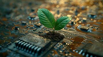 AI generated Generative AI, Plant growing from the circuit board. Ecology and environment concept photo