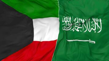 ksa, rike av saudi arabien och kuwait flaggor tillsammans sömlös looping bakgrund, looped stöta textur trasa vinka långsam rörelse, 3d tolkning video