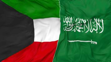 KSA, Kingdom of Saudi Arabia and Kuwait Flags Together Seamless Looping Background, Looped Bump Texture Cloth Waving Slow Motion, 3D Rendering video