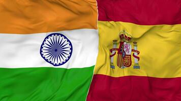 India and Spain Flags Together Seamless Looping Background, Looped Bump Texture Cloth Waving Slow Motion, 3D Rendering video