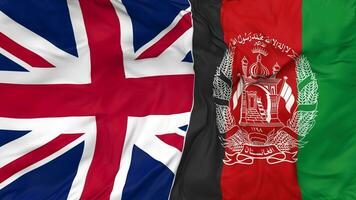 Unidos reino e Afeganistão bandeiras juntos desatado looping fundo, em loop colisão textura pano acenando lento movimento, 3d Renderização video