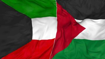 Palestine and Kuwait Flags Together Seamless Looping Background, Looped Bump Texture Cloth Waving Slow Motion, 3D Rendering video