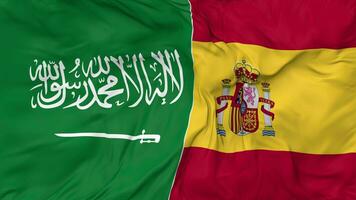 ksa, koninkrijk van saudi Arabië en Spanje vlaggen samen naadloos looping achtergrond, lusvormige buil structuur kleding golvend langzaam beweging, 3d renderen video