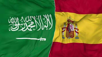KSA, Kingdom of Saudi Arabia and Spain Flags Together Seamless Looping Background, Looped Bump Texture Cloth Waving Slow Motion, 3D Rendering video