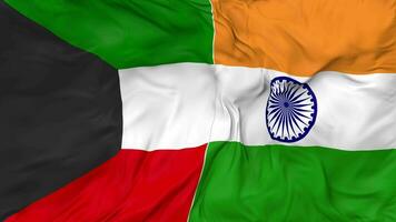 India and Kuwait Flags Together Seamless Looping Background, Looped Bump Texture Cloth Waving Slow Motion, 3D Rendering video