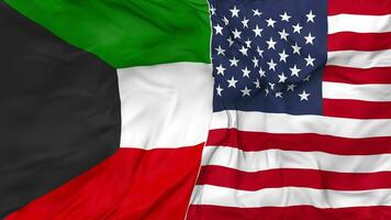 United States and Kuwait Flags Together Seamless Looping Background, Looped Bump Texture Cloth Waving Slow Motion, 3D Rendering video