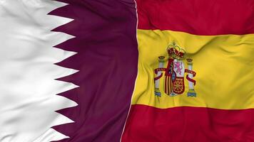 Katar y España banderas juntos sin costura bucle fondo, serpenteado bache textura paño ondulación lento movimiento, 3d representación video