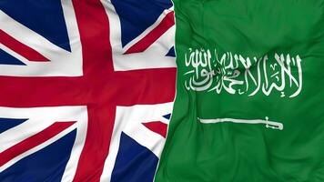 unido Reino y ksa, Reino de saudi arabia banderas juntos sin costura bucle fondo, serpenteado bache textura paño ondulación lento movimiento, 3d representación video