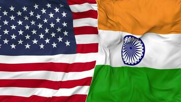 United States and India Flags Together Seamless Looping Background, Looped Bump Texture Cloth Waving Slow Motion, 3D Rendering video