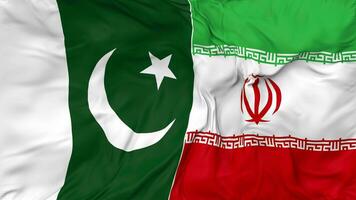 pakistan och iran flaggor tillsammans sömlös looping bakgrund, looped stöta textur trasa vinka långsam rörelse, 3d tolkning video