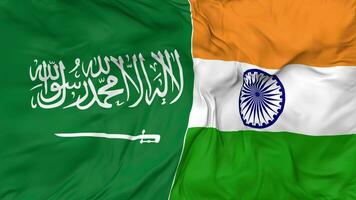 KSA, Kingdom of Saudi Arabia and India Flags Together Seamless Looping Background, Looped Bump Texture Cloth Waving Slow Motion, 3D Rendering video
