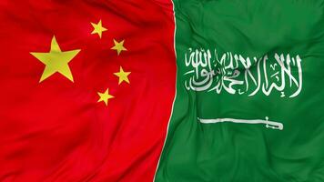 China and KSA, Kingdom of Saudi Arabia Flags Together Seamless Looping Background, Looped Bump Texture Cloth Waving Slow Motion, 3D Rendering video