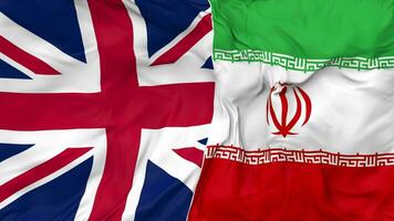 United Kingdom and Iran Flags Together Seamless Looping Background, Looped Bump Texture Cloth Waving Slow Motion, 3D Rendering video