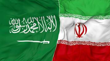 KSA, Kingdom of Saudi Arabia and Iran Flags Together Seamless Looping Background, Looped Bump Texture Cloth Waving Slow Motion, 3D Rendering video