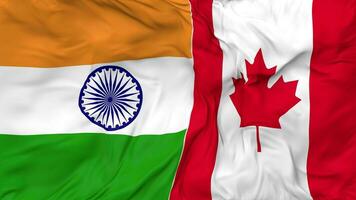 India y Canadá banderas juntos sin costura bucle fondo, serpenteado bache textura paño ondulación lento movimiento, 3d representación video