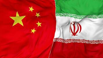 China and Iran Flags Together Seamless Looping Background, Looped Bump Texture Cloth Waving Slow Motion, 3D Rendering video