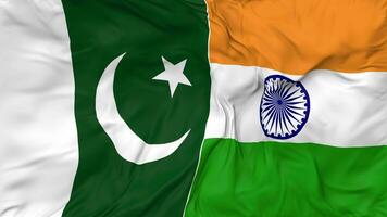 Pakistan e India bandiere insieme senza soluzione di continuità looping sfondo, loop urto struttura stoffa agitando lento movimento, 3d interpretazione video