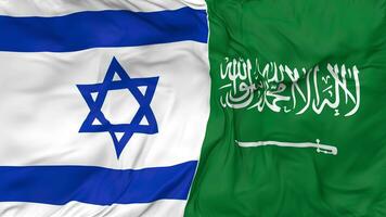 KSA, Kingdom of Saudi Arabia and Israel Flags Together Seamless Looping Background, Looped Bump Texture Cloth Waving Slow Motion, 3D Rendering video