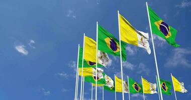 Vatican City and Brazil Flags Waving Together in the Sky, Seamless Loop in Wind, Space on Left Side for Design or Information, 3D Rendering video