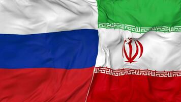 Russia and Iran Flags Together Seamless Looping Background, Looped Bump Texture Cloth Waving Slow Motion, 3D Rendering video