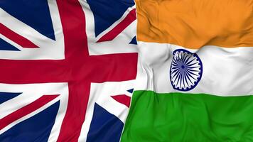 United Kingdom and India Flags Together Seamless Looping Background, Looped Bump Texture Cloth Waving Slow Motion, 3D Rendering video