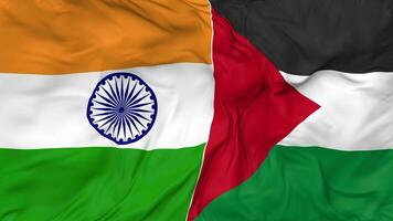 Palestine and India Flags Together Seamless Looping Background, Looped Bump Texture Cloth Waving Slow Motion, 3D Rendering video