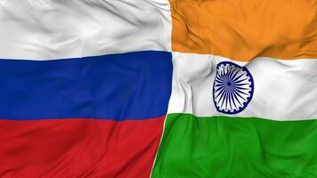 Russia and India Flags Together Seamless Looping Background, Looped Bump Texture Cloth Waving Slow Motion, 3D Rendering video
