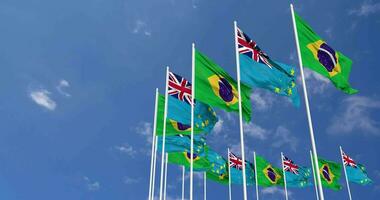 Tuvalu and Brazil Flags Waving Together in the Sky, Seamless Loop in Wind, Space on Left Side for Design or Information, 3D Rendering video
