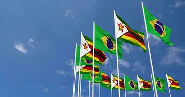 Zimbabwe and Brazil Flags Waving Together in the Sky, Seamless Loop in Wind, Space on Left Side for Design or Information, 3D Rendering video