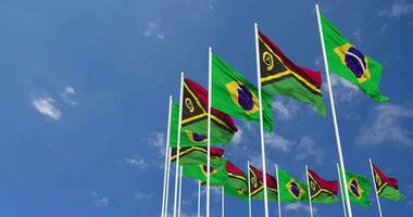 Vanuatu and Brazil Flags Waving Together in the Sky, Seamless Loop in Wind, Space on Left Side for Design or Information, 3D Rendering video