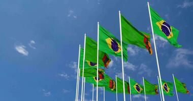 Zambia and Brazil Flags Waving Together in the Sky, Seamless Loop in Wind, Space on Left Side for Design or Information, 3D Rendering video