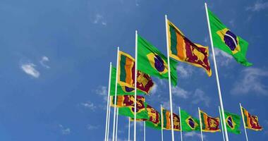 Sri Lanka and Brazil Flags Waving Together in the Sky, Seamless Loop in Wind, Space on Left Side for Design or Information, 3D Rendering video