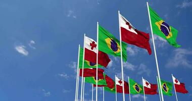 Tonga and Brazil Flags Waving Together in the Sky, Seamless Loop in Wind, Space on Left Side for Design or Information, 3D Rendering video