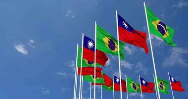 Taiwan and Brazil Flags Waving Together in the Sky, Seamless Loop in Wind, Space on Left Side for Design or Information, 3D Rendering video