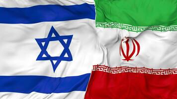 Israel and Iran Flags Together Seamless Looping Background, Looped Bump Texture Cloth Waving Slow Motion, 3D Rendering video