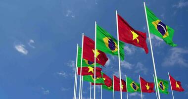 Vietnam and Brazil Flags Waving Together in the Sky, Seamless Loop in Wind, Space on Left Side for Design or Information, 3D Rendering video