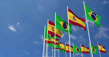 Spain and Brazil Flags Waving Together in the Sky, Seamless Loop in Wind, Space on Left Side for Design or Information, 3D Rendering video