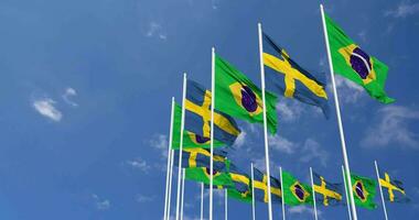 Sverige och Brasilien flaggor vinka tillsammans i de himmel, sömlös slinga i vind, Plats på vänster sida för design eller information, 3d tolkning video