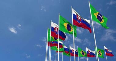Eslovaquia y Brasil banderas ondulación juntos en el cielo, sin costura lazo en viento, espacio en izquierda lado para diseño o información, 3d representación video