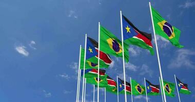 South Sudan and Brazil Flags Waving Together in the Sky, Seamless Loop in Wind, Space on Left Side for Design or Information, 3D Rendering video