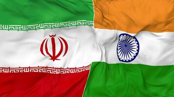 Iran and India Flags Together Seamless Looping Background, Looped Bump Texture Cloth Waving Slow Motion, 3D Rendering video