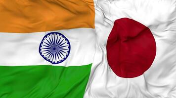 India y Japón banderas juntos sin costura bucle fondo, serpenteado bache textura paño ondulación lento movimiento, 3d representación video