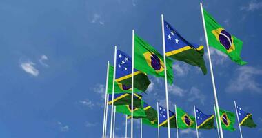 Solomon Islands and Brazil Flags Waving Together in the Sky, Seamless Loop in Wind, Space on Left Side for Design or Information, 3D Rendering video